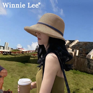 Winnie Lee法式草帽女复古拉菲草遮阳帽子防晒海边太阳帽女渔夫帽