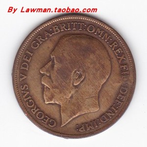 英国 乔治五世 大头版 一便士 百年老铜币 1920年 欧洲硬币 品弱