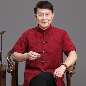 中国风夏装亚麻中老年短袖男士唐装上衣棉麻爸爸装父亲节夏季衬衫