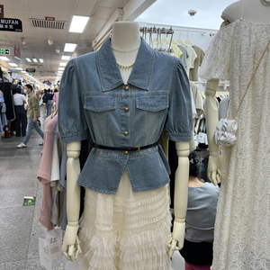 夏季韩版新款复古个性泡泡短袖韩国东大门Polo领单排扣牛仔衬衣女