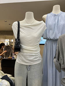 韩版夏季时尚新款十三行设计感无袖领色皱褶设计可一字领T恤上衣