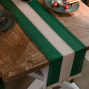 棉麻桌旗绿色圣诞节装饰布置用品氛围节日派对餐桌布艺茶几布长条