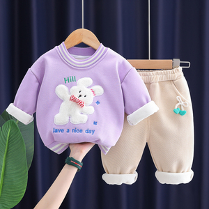 女宝宝秋冬装加绒套装01一2岁3新生儿婴儿薄棉衣服春秋幼儿两件套