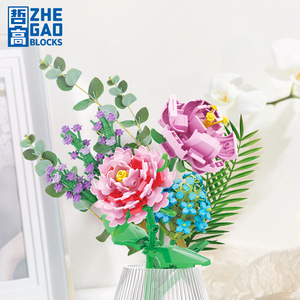 积木拼装花朵玫瑰向日葵山茶花百合花小颗粒国产永生花教师节礼物