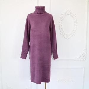 莫兰迪浅暗紫色打底针织双开叉高领保暖防寒厚实宽松毛线连衣长裙
