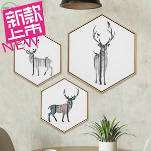 麋鹿北欧ins风格 六角形装饰画 客厅玄关餐厅壁画水彩六边形E01