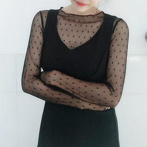 韩版透明网纱打底衫女新款蕾丝罩衫性感镂空薄纱波点内搭上衣长袖