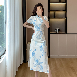 法式复古长裙夏季新款新中式中国风绣球花印花旗袍小个子连衣裙女