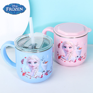 迪士尼水杯牛奶杯吸管儿童宝宝防摔家用不锈钢卡通艾莎公主口杯