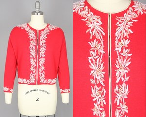 vintage 复古着 红色羊毛白色丝绸滚边钉珠花卉刺绣针织开衫上衣