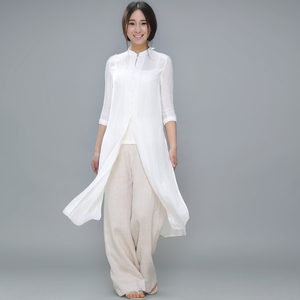 原创设计 原时棉麻宽松 显瘦白色中式立领长衫 旗袍款禅茶服 瑜伽