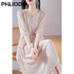 PHILIODO品牌高端气质柔软透气桑蚕丝连衣裙夏季新款圆领真丝长裙