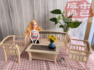 1:6分娃娃芭比可儿小布BJD家具实木沙发椅茶几diy手工拼装模型
