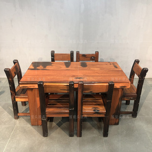 老船木餐桌实木长方形餐桌家用小户型中式简约餐椅组合庭院风桌椅