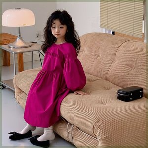 女童韩版玫红色灯笼袖连衣裙2024春季新款儿童洋气长袖中长款裙子