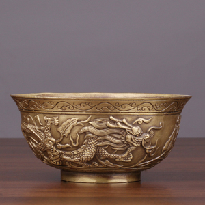 纯铜碗仿古双龙凤碗黄铜碗刻龙铜器摆件铜器工艺品福字碗精品礼品