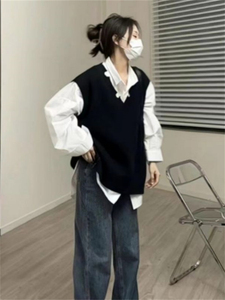 韩系学院风设计感小众黑色针织马甲女秋季宽松毛衣背心衬衫两件套