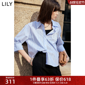 LILY2024夏新款女装舒适全棉复古条纹宽松垂坠感通勤款七分袖衬衫