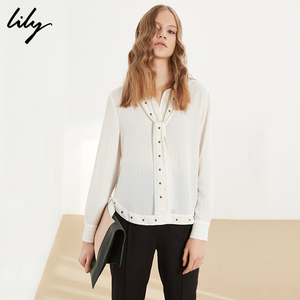 【年货价】Lily2018春新款女装OL时髦铆钉系带衬衫竖条