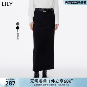 LILY2024春新款女装含绵羊毛气质通勤显瘦高腰直筒铅笔裙半身裙女