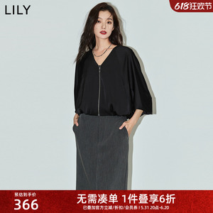 LILY2024夏新款女装时尚休闲机车风个性宽松垂感V领黑色短外套女
