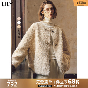 LILY2024冬新款女装仿羊羔绒新中式牛角扣保暖圆领百搭外套女短款