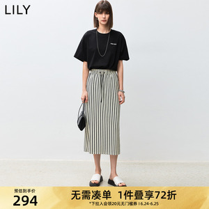 LILY2024夏新款女装复古时尚条纹松紧腰显瘦垂坠感气质直筒半身裙