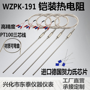 热电偶pt100温度传感器三芯线铂热电阻铠装WZPK191探针式感温探头