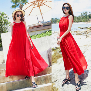 大红色连衣裙女夏季新款性感露肩吊带长裙波西米亚海边度假沙滩裙