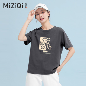 米子旗短袖纯棉t恤女夏季2024年新款韩版卡通印花套头内搭打底衫