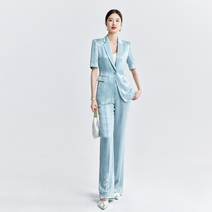 夏季新款蓝灰色短袖西服外套职业气质通勤高级醋酸西装套装女薄款