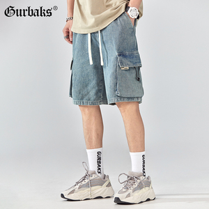 GURBAKS夏季水洗做旧牛仔短裤男潮牌ins多口袋工装宽松美式五分裤