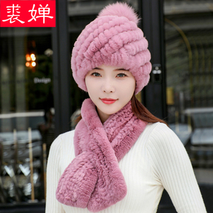 新款獭兔毛帽子围巾两件套女士冬季时尚百搭保暖护耳中年妈妈套装