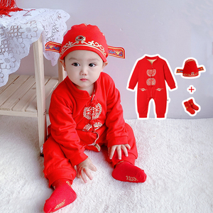 两个月婴儿衣服满月男孩红色连体衣春秋新生儿宝宝春装中国风唐装