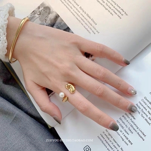 高保色小众复古巴洛克凹凸纹理珍珠戒指女INS潮气质网红开口指环