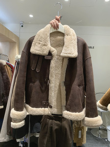 鹿皮绒羊羔毛外套欧洲站冬款长袖单排扣立领防寒加厚保暖女士上衣