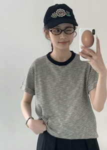 A24041001 egg《盐系文艺》夏季细条纹拼色圆领短袖T恤 韩国代购