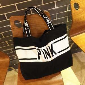 个性时尚学院PINK字母帆布包休闲手提单肩包女包超大容量购物袋潮