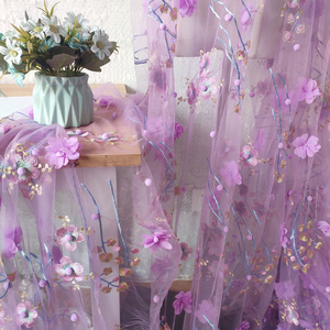 紫色网纱绣花蕾丝面料 立体雪纺钉花毛球女装裙子窗帘DIY配饰布料