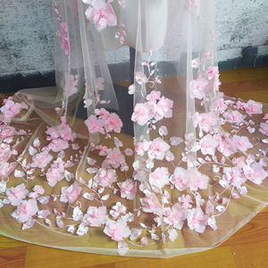 天蓝桃粉色雪纺钉珠蕾丝布料 立体3D花朵头纱婚纱礼服裙子DIY辅料
