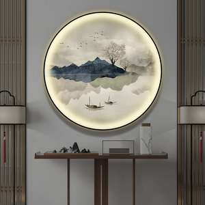 新中式圆形装饰画壁灯入户玄关山水画带灯壁画灯光客厅背景墙挂画
