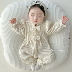 韩国婴儿衣服秋冬装纯棉宫廷风女宝宝周岁礼服满月百天加绒连体衣
