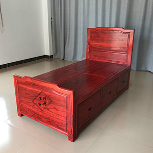 中式实木儿童床榆木素面单人床平板床小户型带箱体原木学生床定做