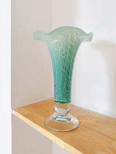 中古法式玻璃花瓶绿色冰裂纹花朵造型风灯家居装饰鲜花绿植插花器