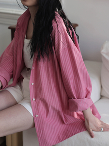 粉色竖条纹衬衫女春款宽松休闲百搭长袖衬衣高级感小众上衣外套