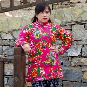 民族风旗袍式偏襟棉袄女士成人中长款手工棉花加厚东北印花布棉衣