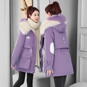 紫色棉服秋冬2023年新款女装加厚中长款小个子棉袄派克服棉衣外套
