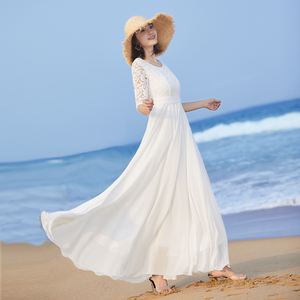 2024新款女气质长裙大摆长款连衣裙夏修身白色裙子蕾丝拼接沙滩裙