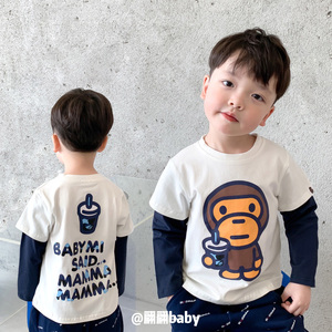 23春秋季新款日系潮男儿中童装卡通猴子字母纯棉假两件套长袖T恤