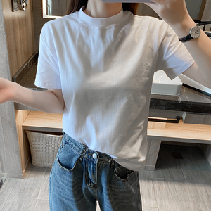 2023夏季韩版纯色半高领宽松白色短袖T恤百搭中长款简约体恤女潮